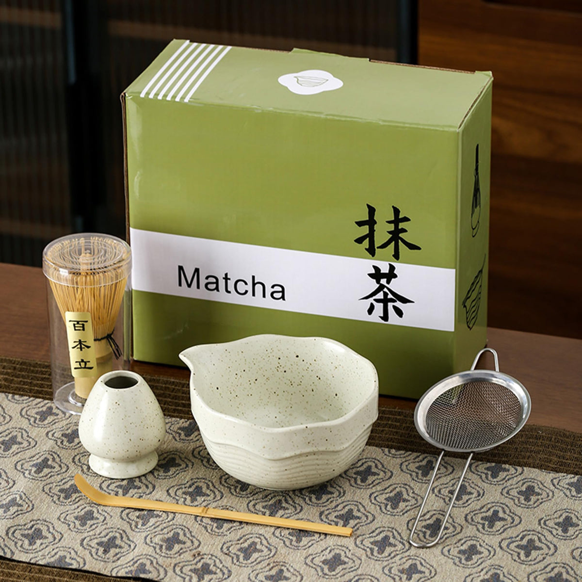 Matcha Bowl Set with Bamboo Whisk (off-white with light brown speckled texture)