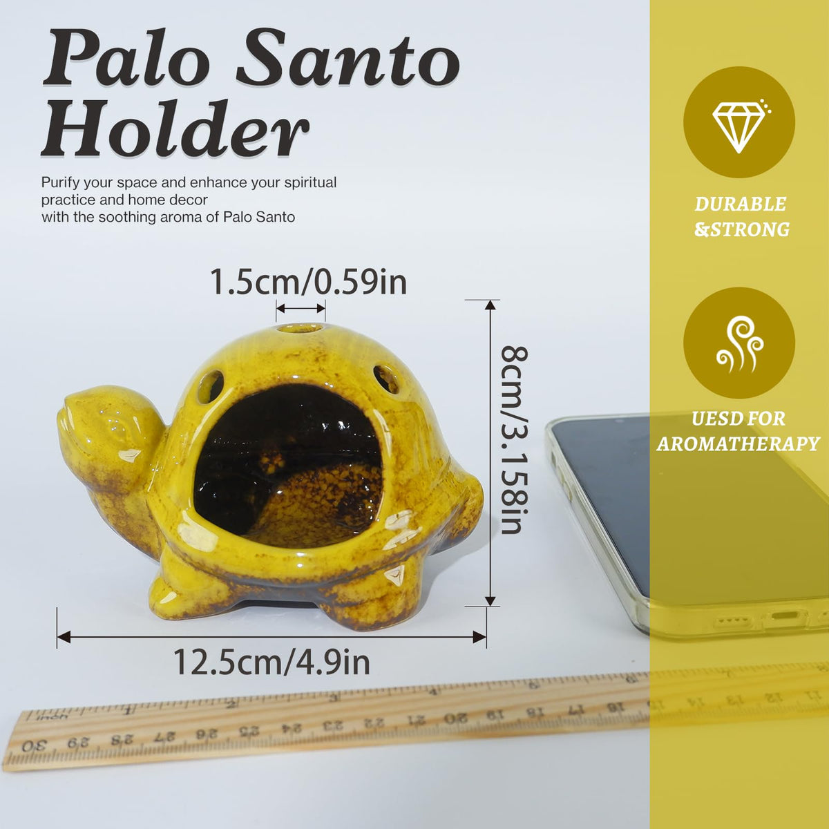 Yellow Ceramic Turtle Palo Santo Burner Holder Chiminea Incense (Turtle Palo Santo Holder-yellow)