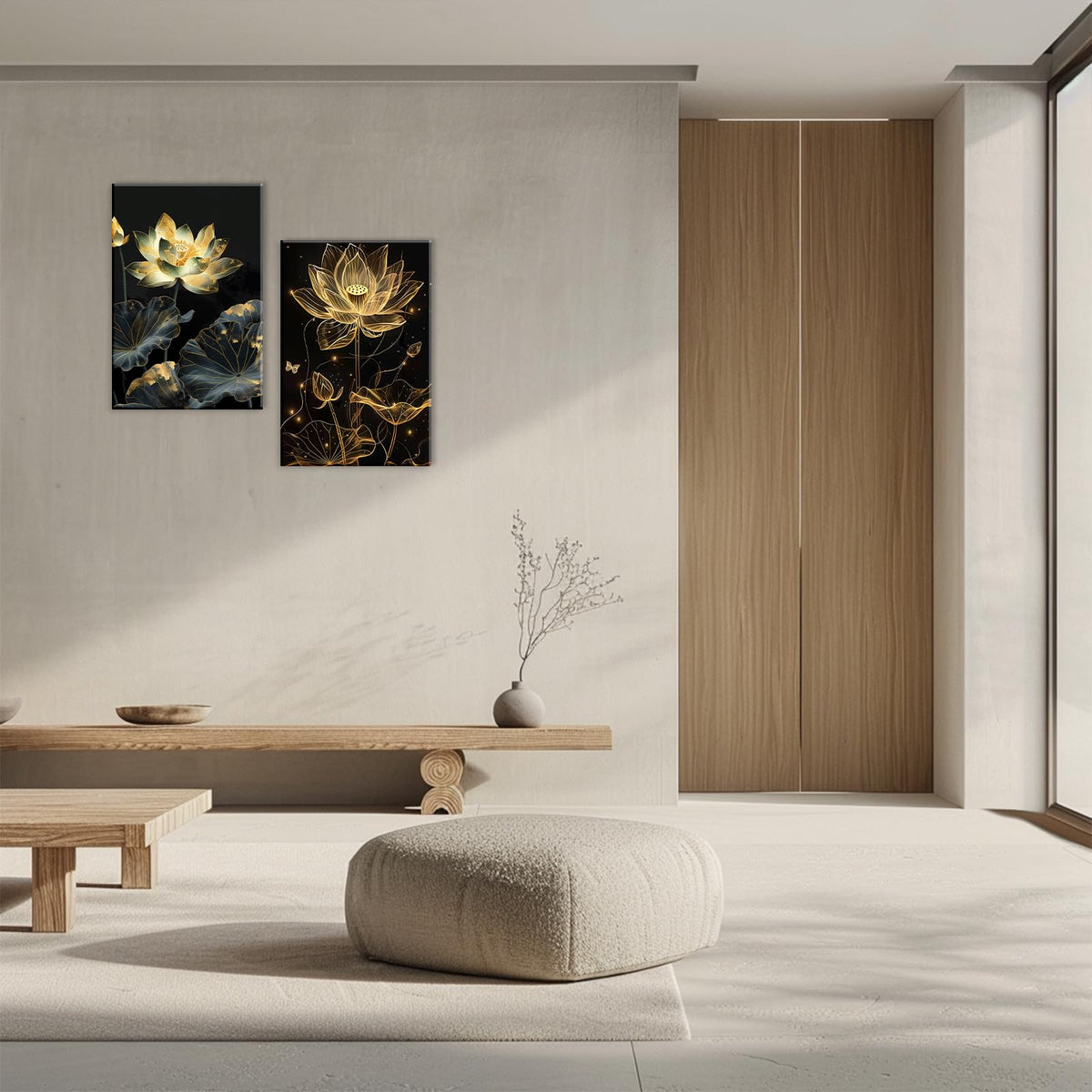 Zen Wall Art 2 Piece Black Gold Lotus Flower Poster Wall Decor Abstract Modern Artwork Zen Decoration for Yoga Spa Room Living Room Decor Framed (Artwork-4 / 16"x24"x2pcs)