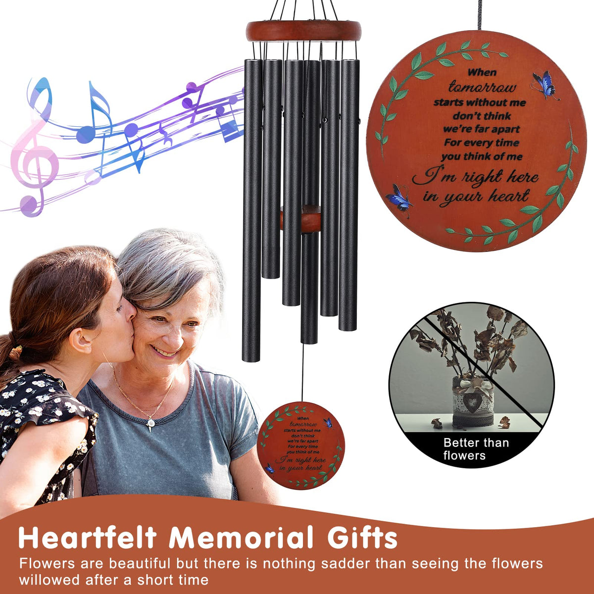 Memorial Wind Chimes for Loss of Mother or Father (Black - Round Design)