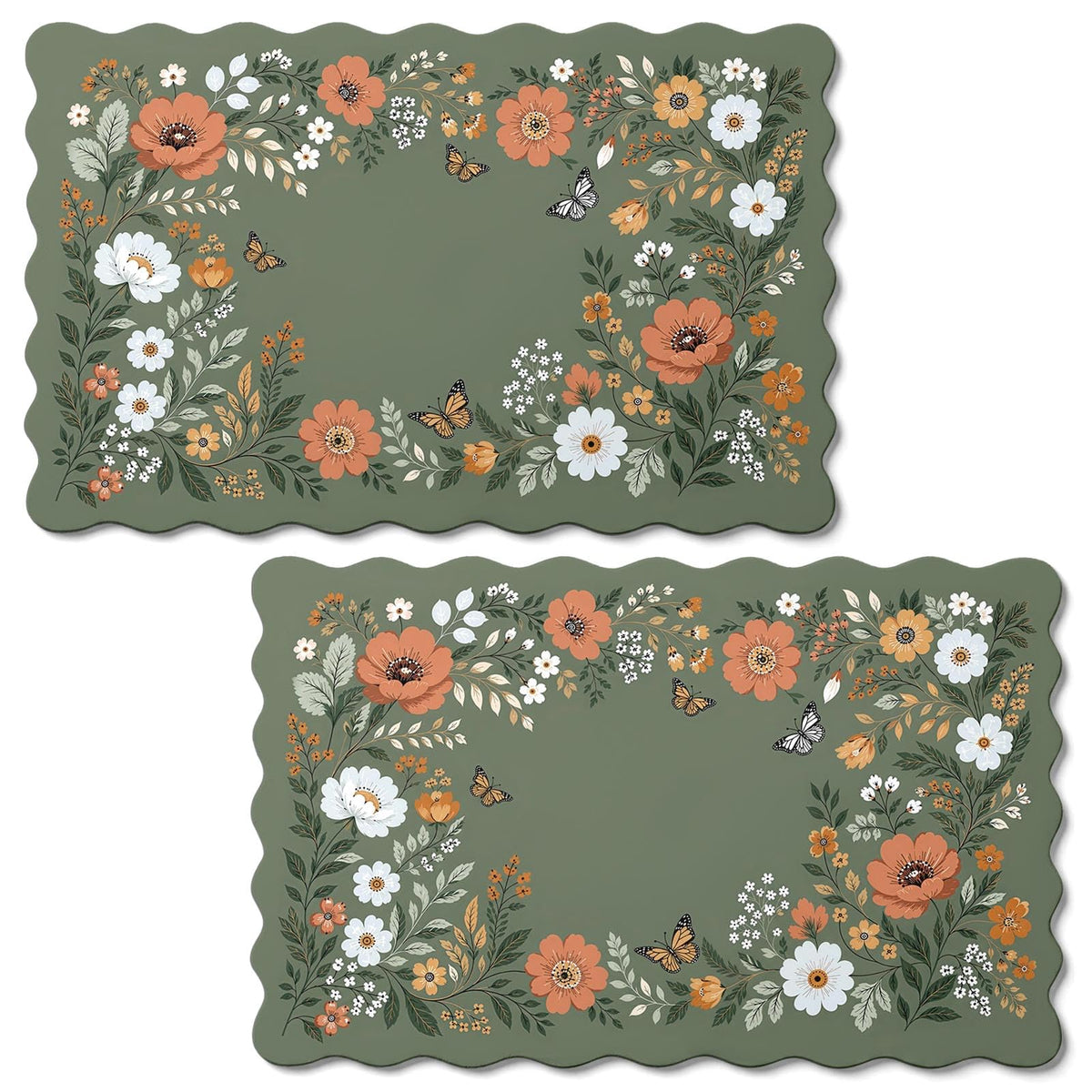 Scalloped Dish Drying Mat 2 (Cottagecore Floral Green / 12x19 inch)
