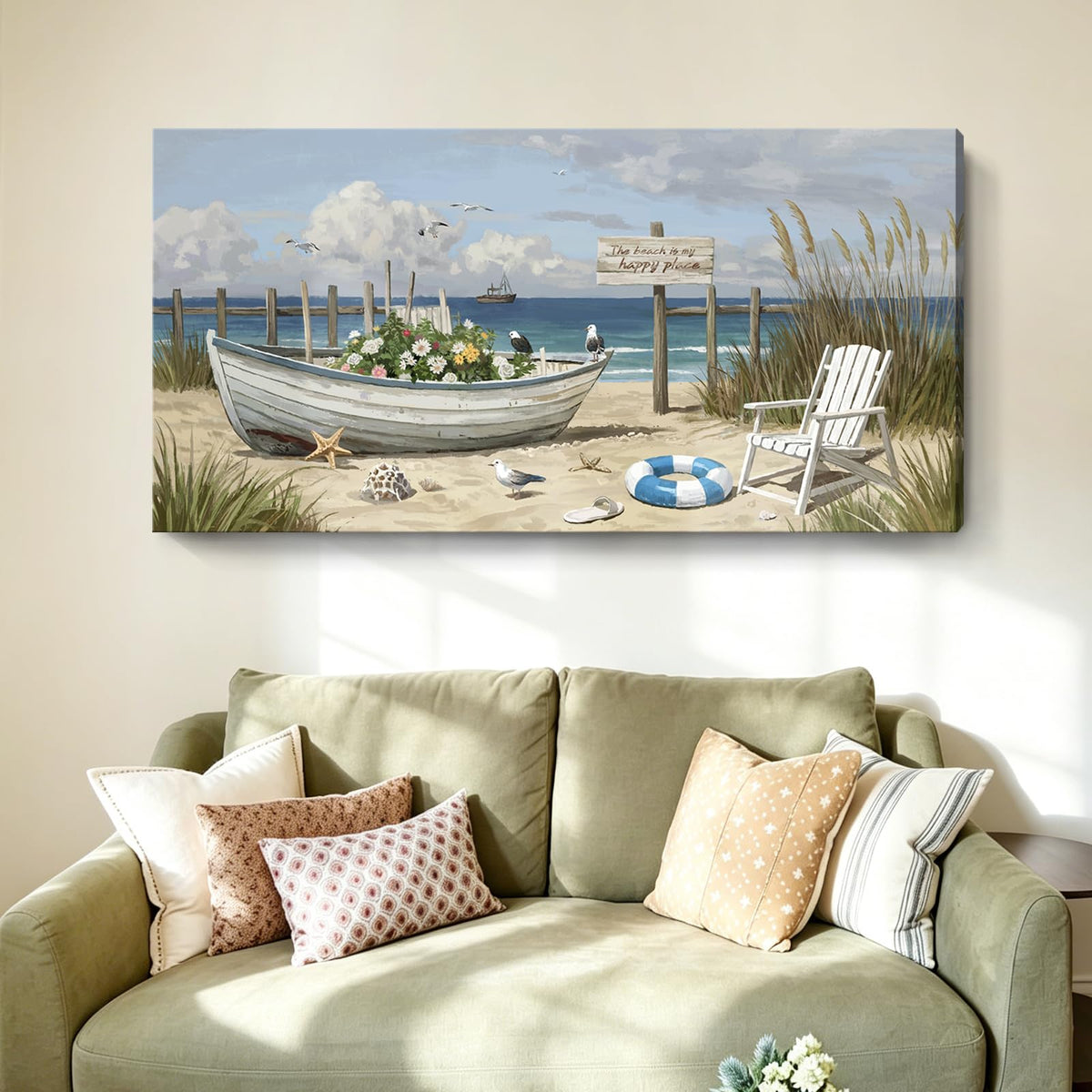 Seaside Wall Art Coastal Landscape Print For Living Room 48X24 In (Blue Seaside Boat Wall Art / 48"L x 24"W)