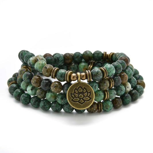 108 Healing Mala Beads Bracelet or Necklace with Gold Lotus Charm (African Turquoise)