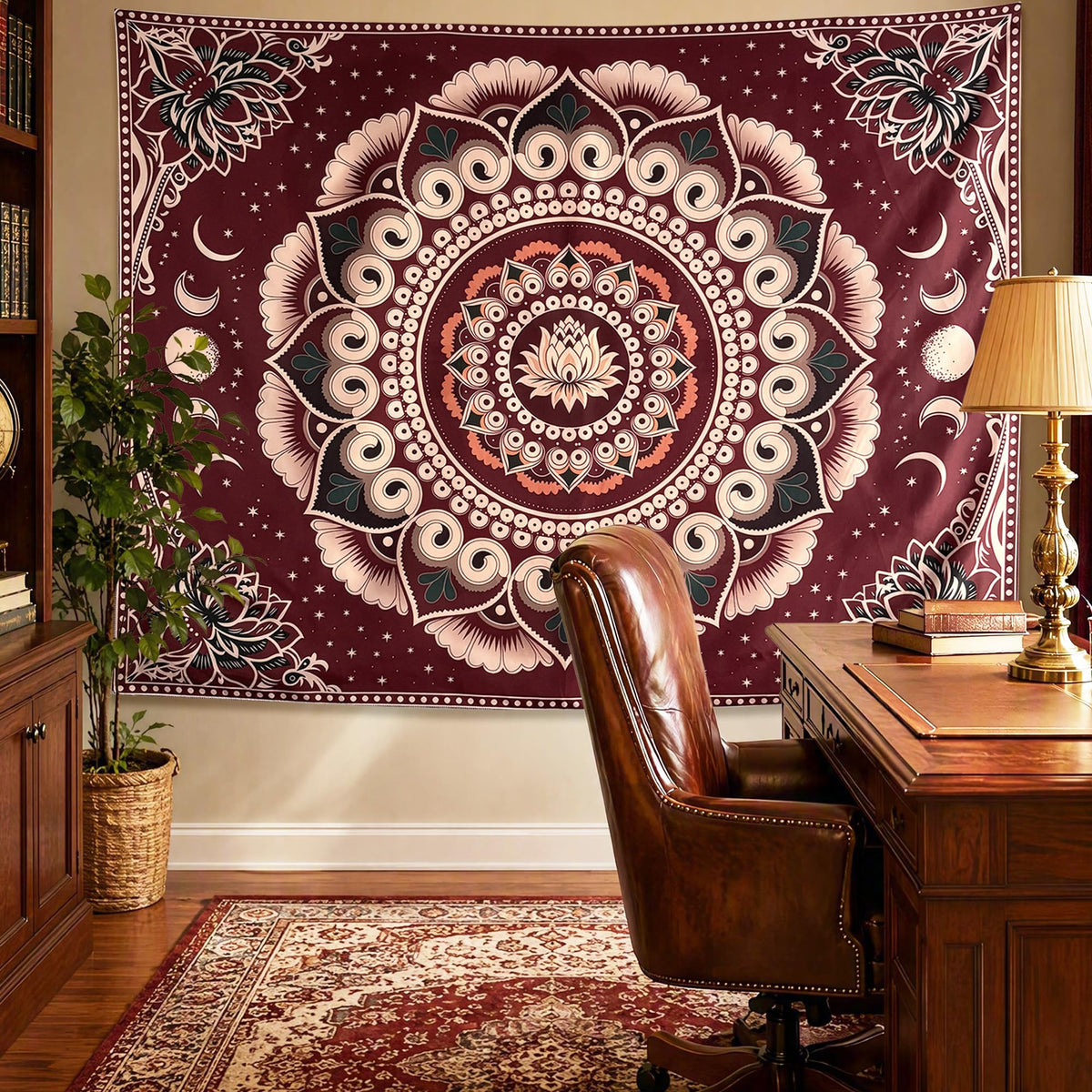 Red Boho Lotus Mandala Tapestry Wall Hanging for Bedroom 60 x 44 Inch (Red / 60"L x 44"W)