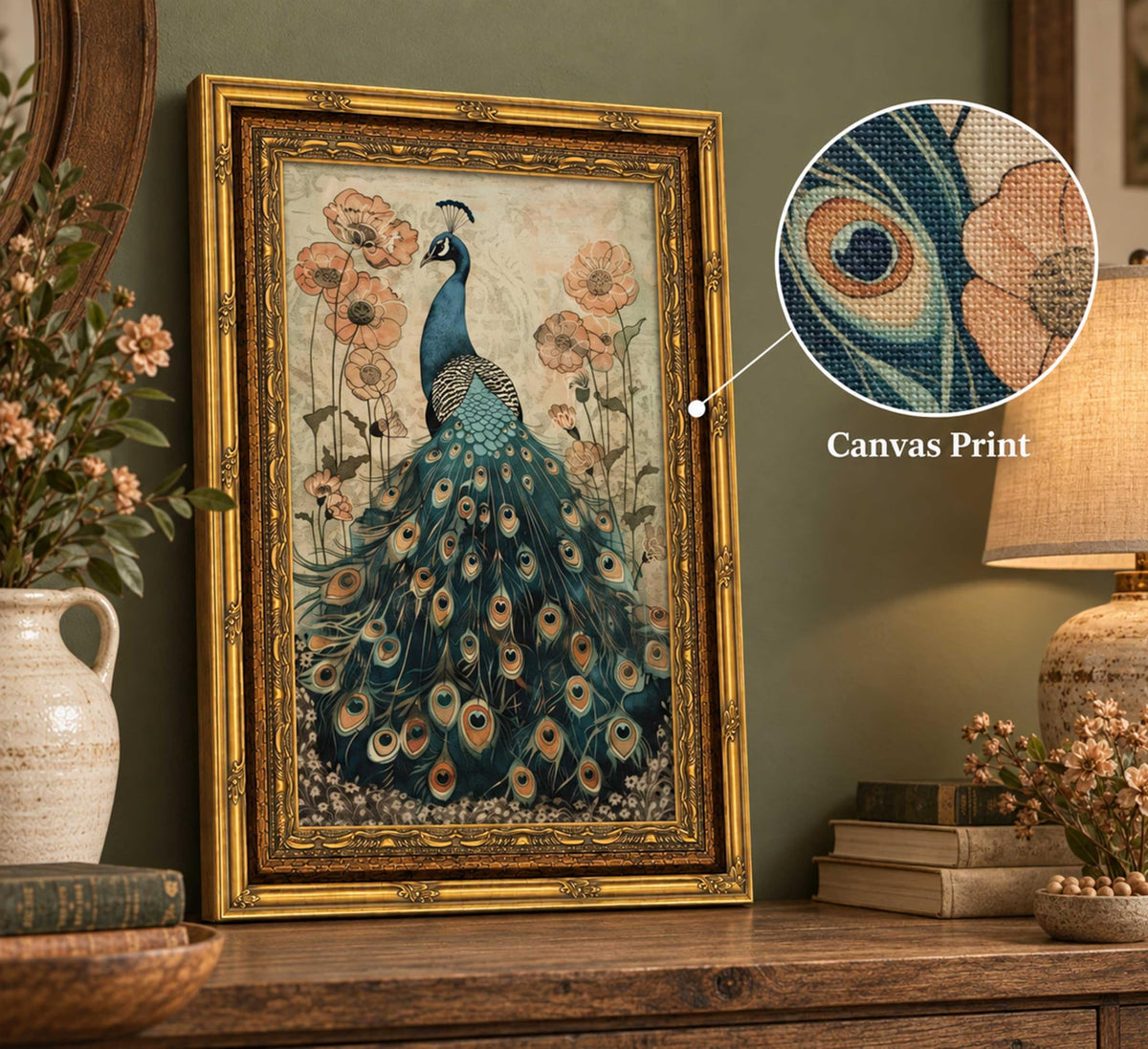 Vintage Gold Framed Peacock Poppy Canvas Wall Art (Peacock / 16"L x 12"W)