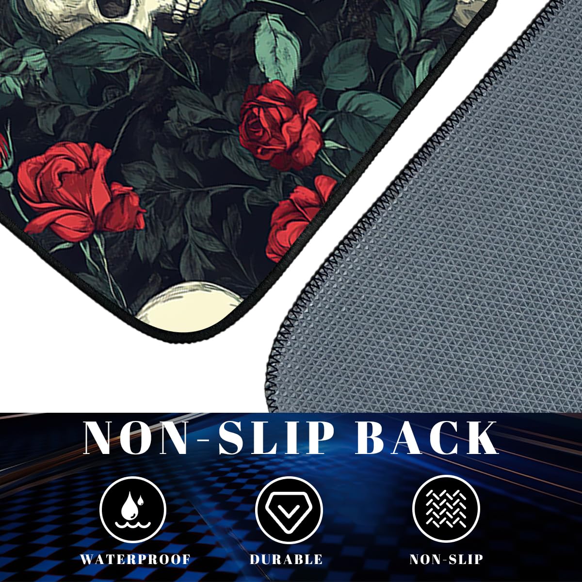 Skull Car Floor Mats Set of 4 Rose Vintage Gothic Art Red Black Green Automotive Car Floor Carpets Non (26.8"L x 17.3"W x 0.4"Th / Skull)