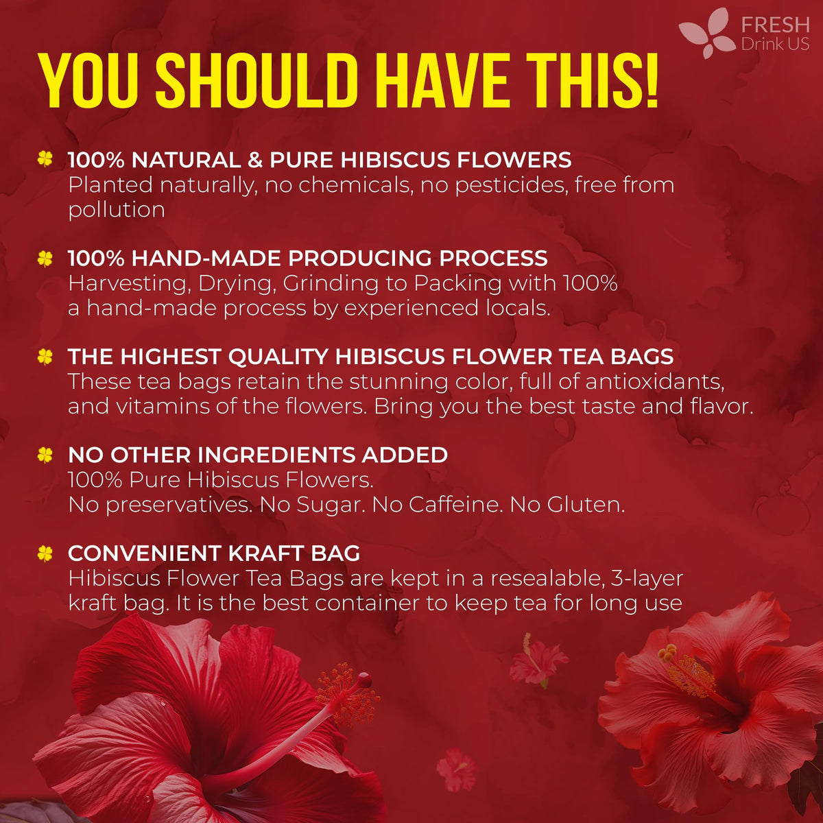 Premium 10 Hibiscus Flowers Tea Bags (10 Tea Bags)