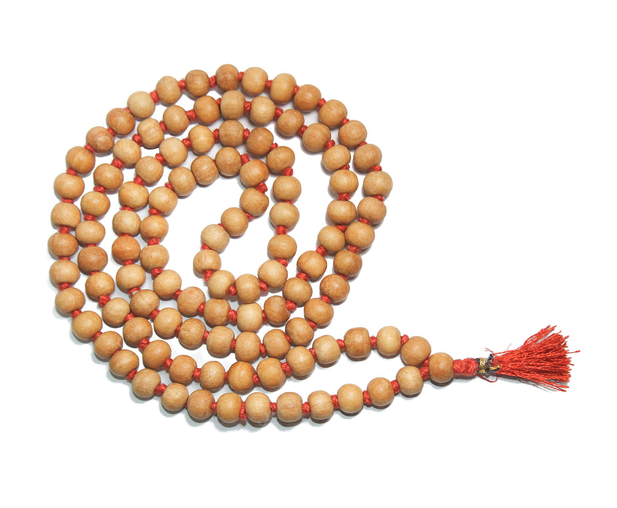 8MM TULSI HOLY BASIL PRAYER BEADS JAPA MALA NECKLACE HAND KNOTTED. KARMA (RED TESSEL)