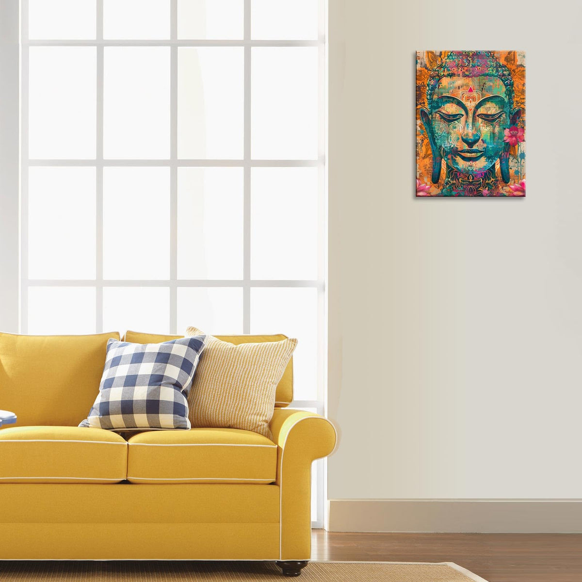 Buddha Wall Art Decor Small Laughing Painting with Lotus and Gold Leaf Buddha Pictures for Living Room Zen Wall Decor Meditation Room Religious Bedroom Yoga Home Decorations Framed 12X16inches (16"L x 12"W / Buddha)