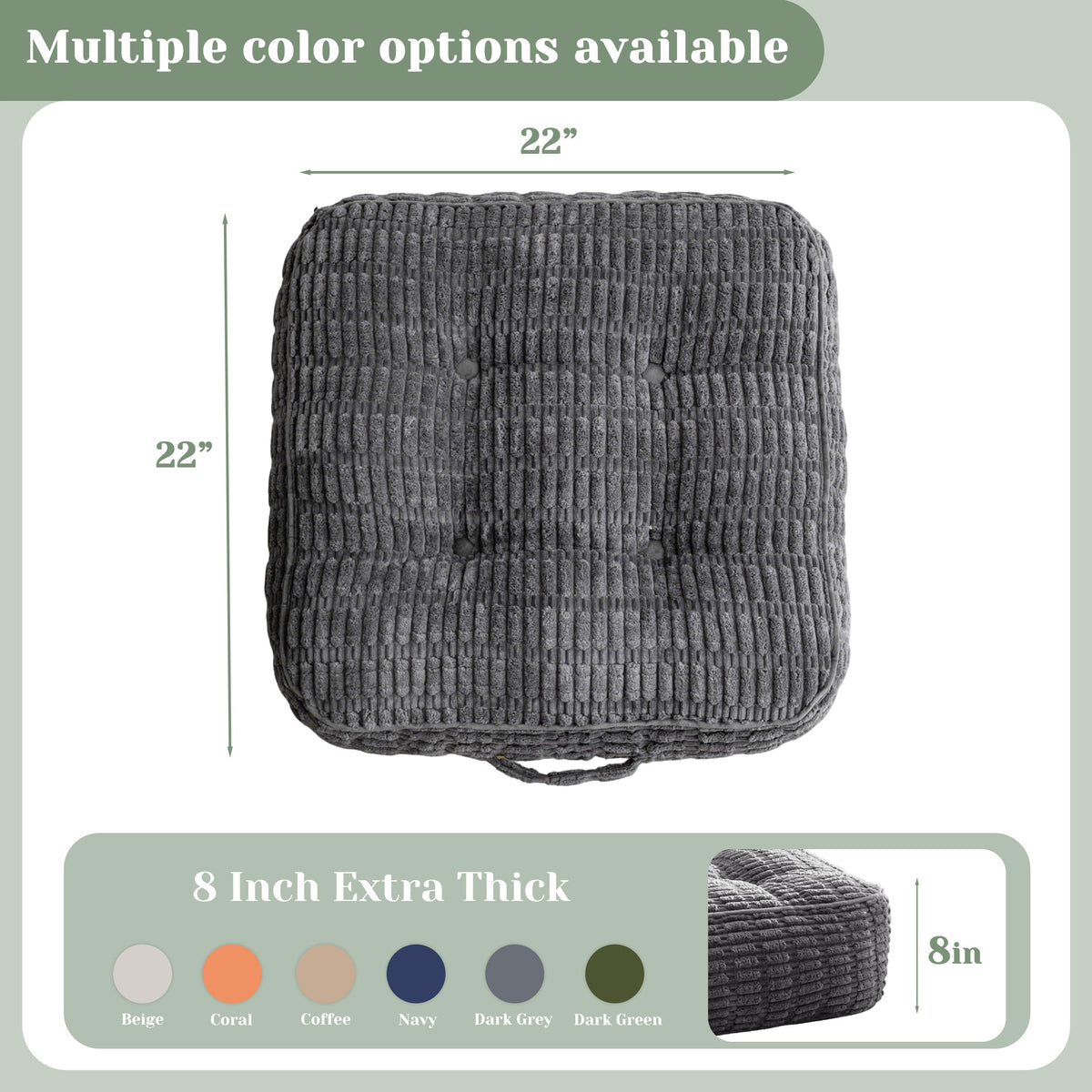 8" Floor Pillow Cushion for Adults (Square Dark Grey / 8" Thick(Pack of 1))