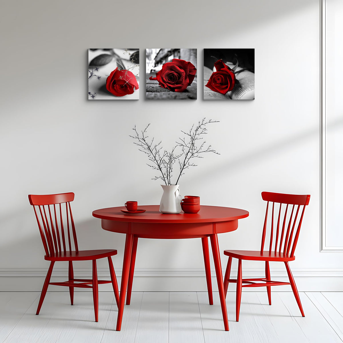 Canvas Print 3 Pcs Black and White Red Rose Canvas Art Painting Abstract Wall Art Decorations Flower Picture on Canvas for Home Decor Stretched and Framed (14 x 14 inches (3-Piece Set) / A-Rose)