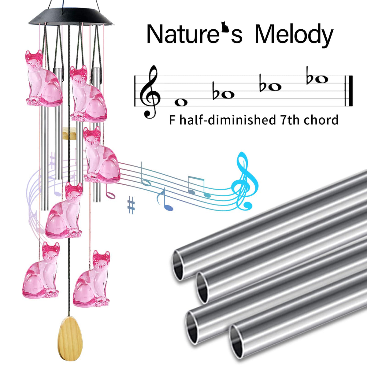 Cat Solar Wind Chimes with 4 Aluminum Tubes