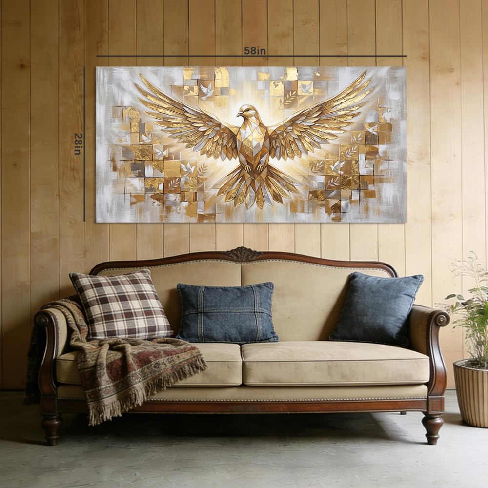 Christian Canvas Wall Art Golden Dove of Peace Holy Spirit Painting Gold Foil Flat Print Gallery Wrapped Religious Artwork for Living Room Bedroom Bathroom Decor (Wildlife / White Dove of Peace 25 / 58"L x 28"W)