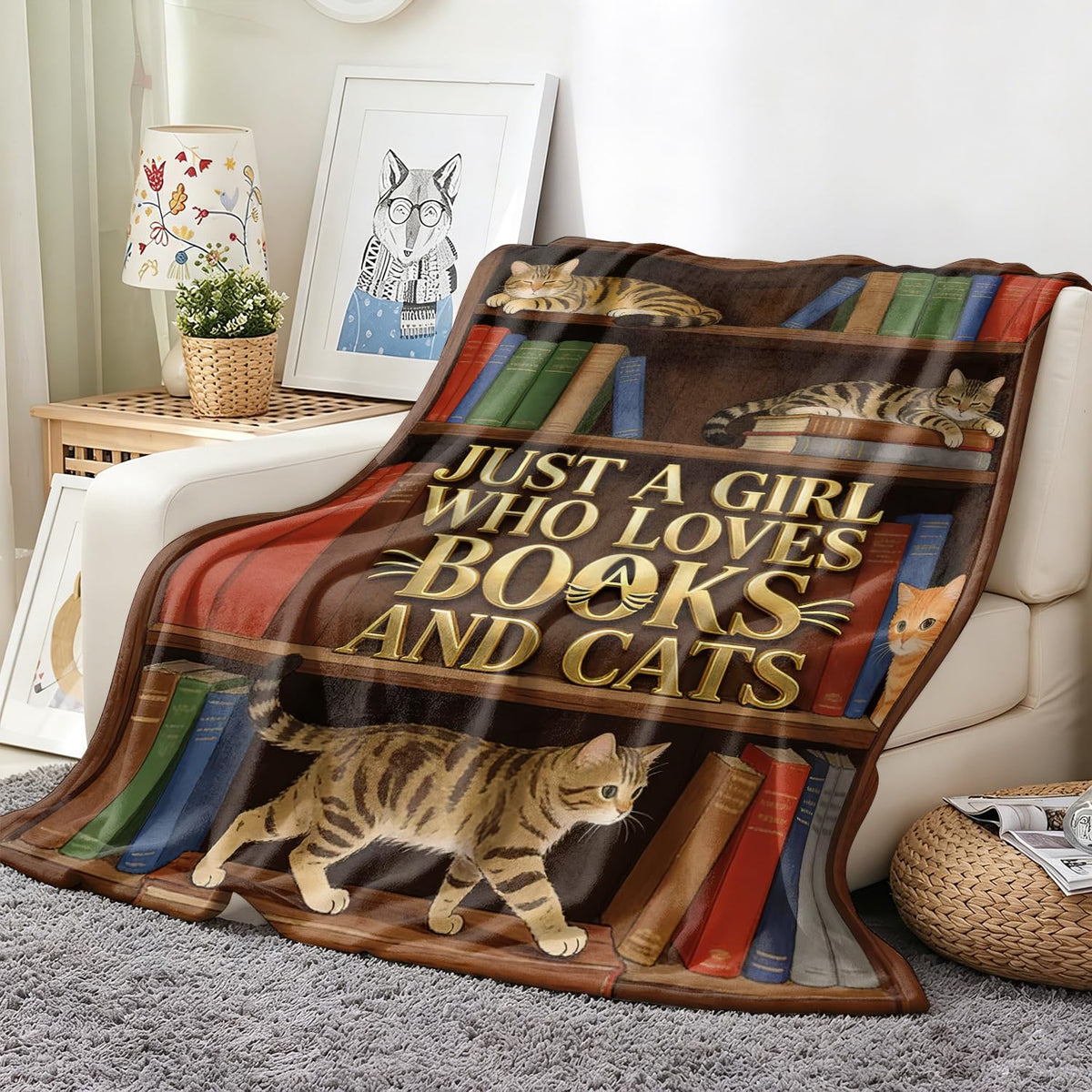 Books Cats Throw Blanket Vintage Soft Cozy Plush Flannel Blanket 30"X40" (Books and Cats / 30"X40")