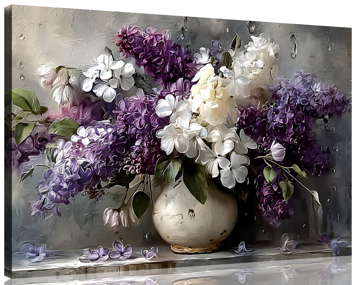 1 Panel Purple Wall Art Purple Pictures Floral Canvas Prints Paintings Vintage Vase Flowers Pictures Wall Decor Living Room Bathroom Kitchen Farmhouse Decor Ready to Hang 16x24 Inches (24"L x 16"W / Purple Flower 14)