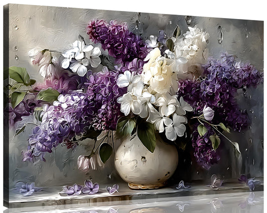 1 Panel Purple Wall Art Purple Pictures Floral Canvas Prints Paintings Vintage Vase Flowers Pictures Wall Decor Living Room Bathroom Kitchen Farmhouse Decor Ready to Hang 16x24 Inches (24"L x 16"W / Purple Flower 14)