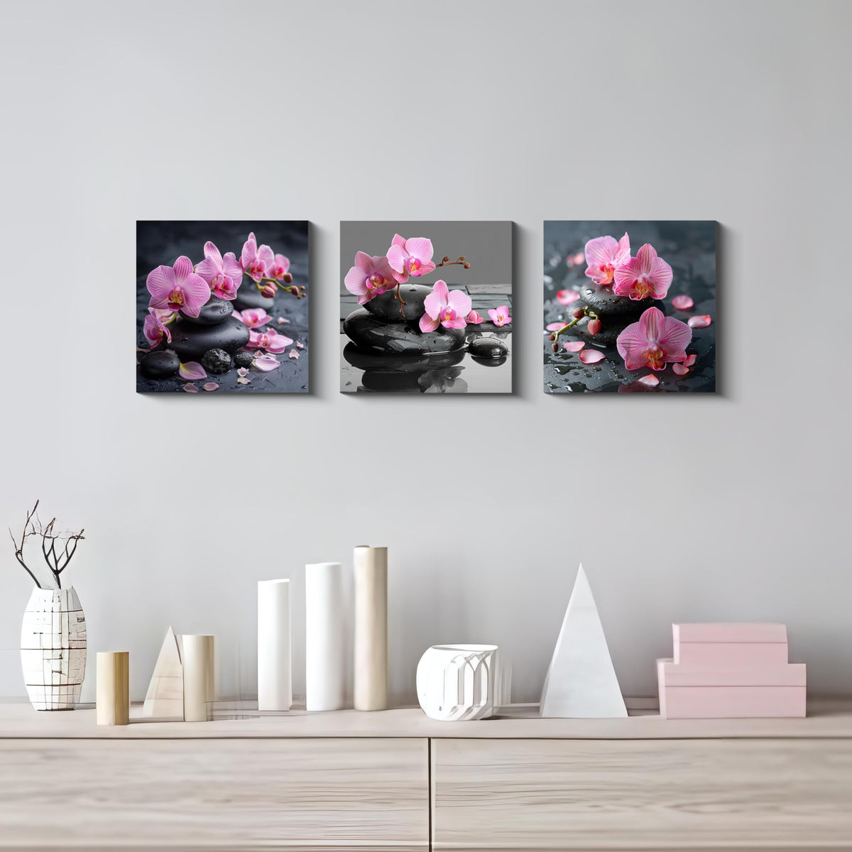 3PCS Zen Spa Canvas Wall Art Pink Orchid Flower and Black Massage Stones Print Modern Botanical Floral Artwork Relaxation Theme Wall Decor for Bathroom Bedroom Home Spa Salon Decor (12X12inchX3pcs / Pink Orchid and Black Massage Stones)