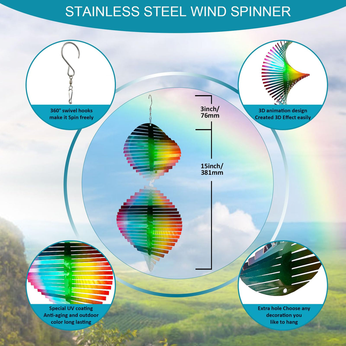 Wind Spinner Rainbow Wave Wind Spinners for Yard and Garden (15in / 009-2green Multi Color-2rainbow Wave)