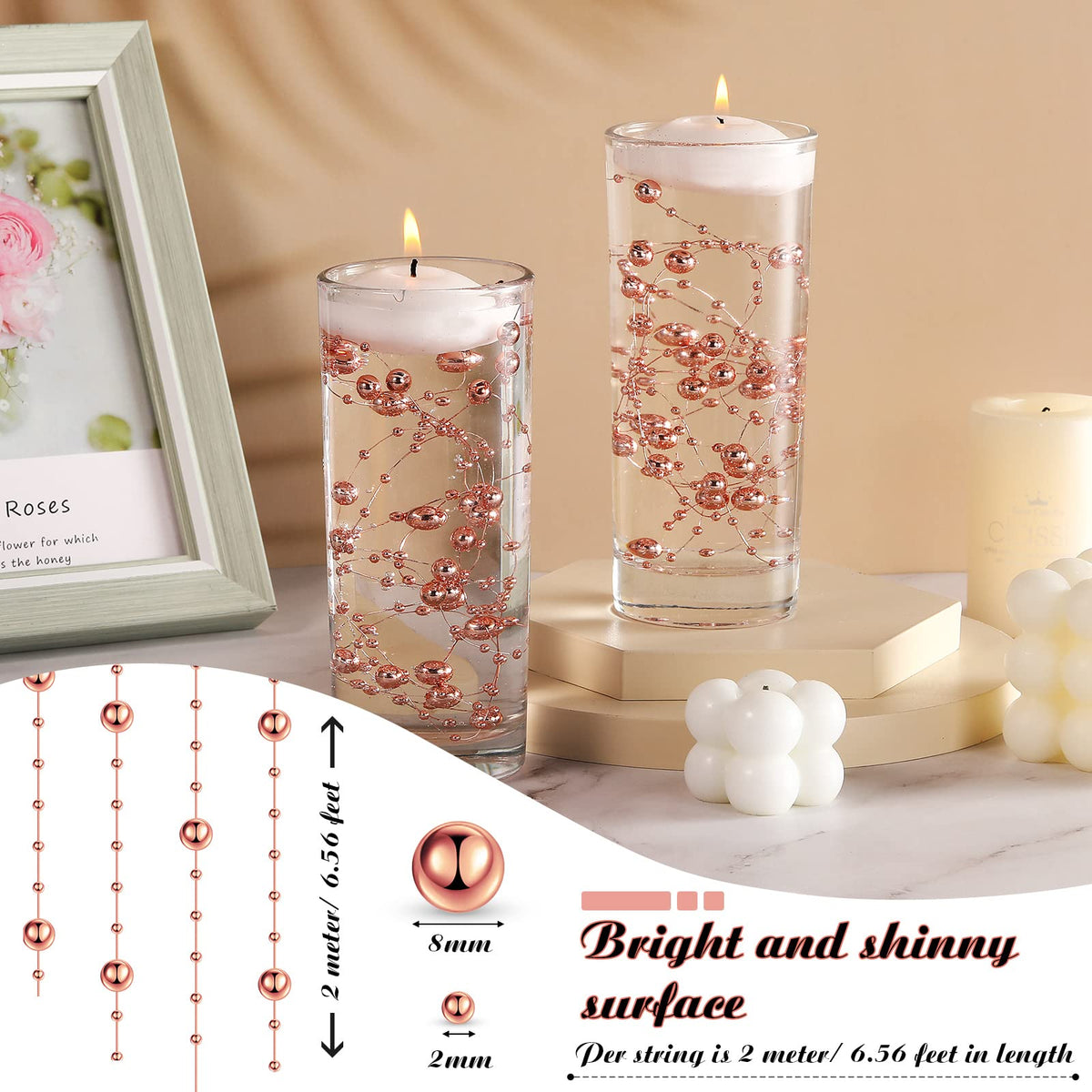 157 Feet 24 Strings Pearl String for Vases Floating Candles (Rose Gold)