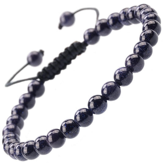 Gemstone Beaded Bracelets Natural Birthstone Healing Power Crystal Beads Macrame Adjustable (Blue Sand / 6mm)