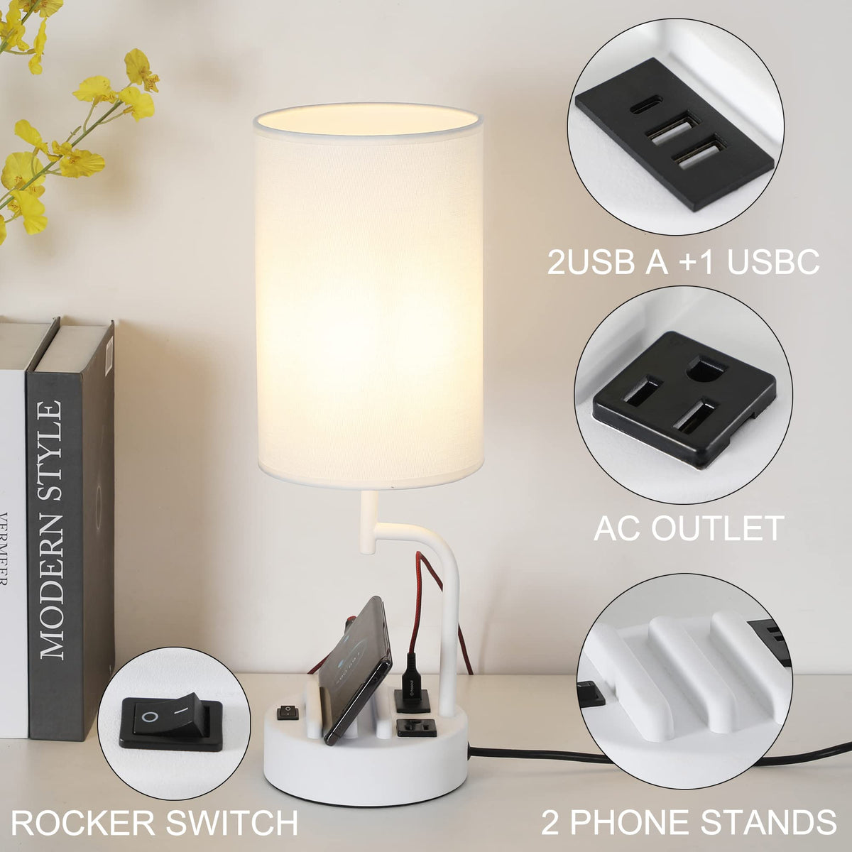 Table Lamp with 3 USB Charging Ports (White)