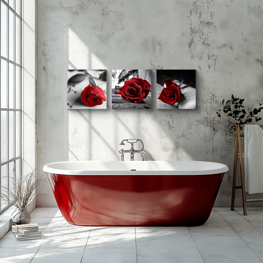 Canvas Print 3 Pcs Black and White Red Rose Canvas Art Painting Abstract Wall Art Decorations Flower Picture on Canvas for Home Decor Stretched and Framed (14 x 14 inches (3-Piece Set) / A-Rose)