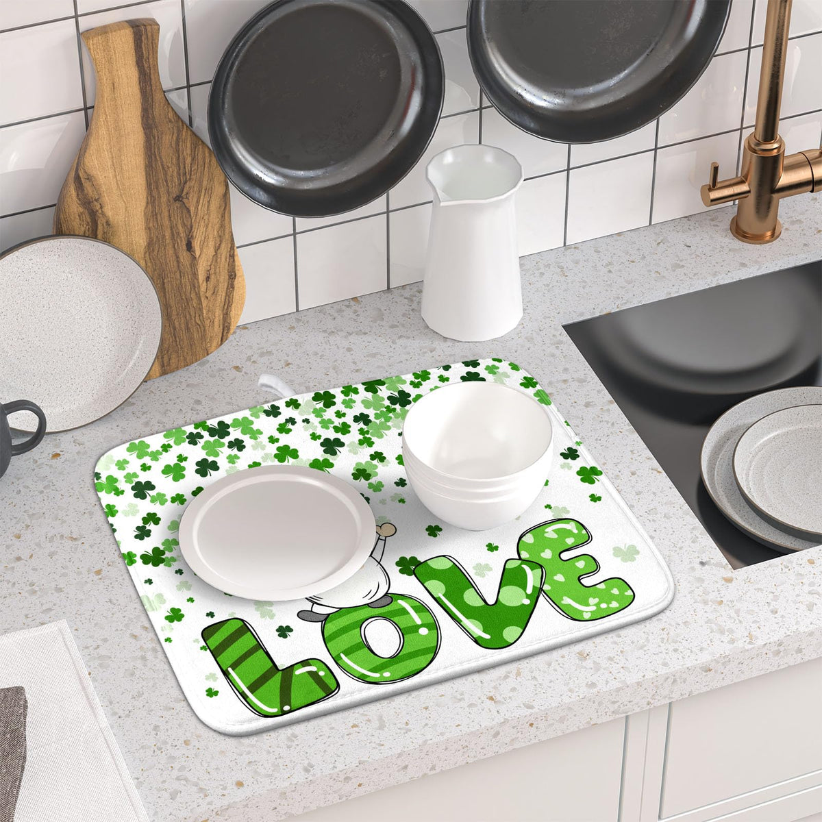 St Patrick's Day Gnomes Love Dish Drying Mat for Kitchen Counter (Gnomes Love / 16" x 18")