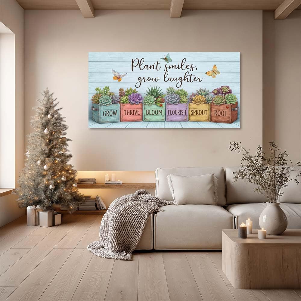 Rustic Succulent Canvas Wall Art Colorful Faux Wood Planter Box Painting Flat Print Gallery Wrapped Botanical Artwork for Living Room Bedroom Bathroom Decor (Bohemian / Yellow Succulent Garden 14 / 46"L x 23"W)