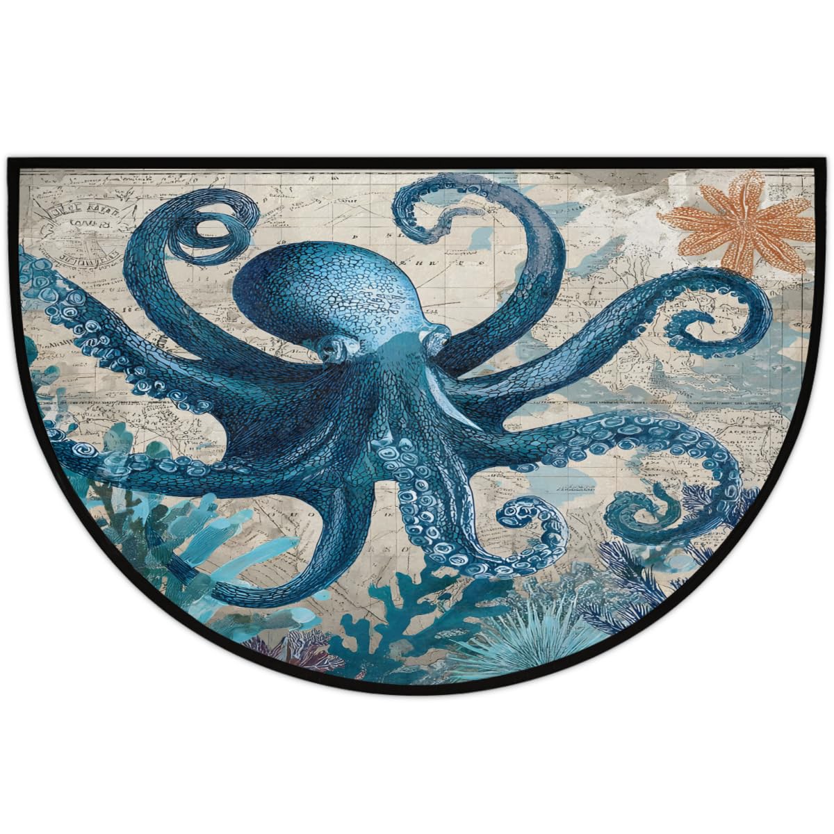 Half Round Doormat Octopus Sea Retro Washable Semi Circle Area Rug Non Slip Half Moon Rug Holiday Decor Mat for Indoor Outdoor Bathroom Kitchen Welcome Fireplace Hearth Floor Mat (D04:octopus)