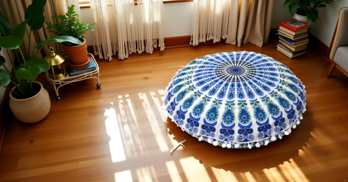 32" in Round Mandala Floor Pillow Cushion Cover Seating Throw Cover Hippie Decorative Bohemian Ottoman Poufs Pillow Cases Cover Boho Cotton Living Yoga Home Décor (Sky Blue Mirchi)