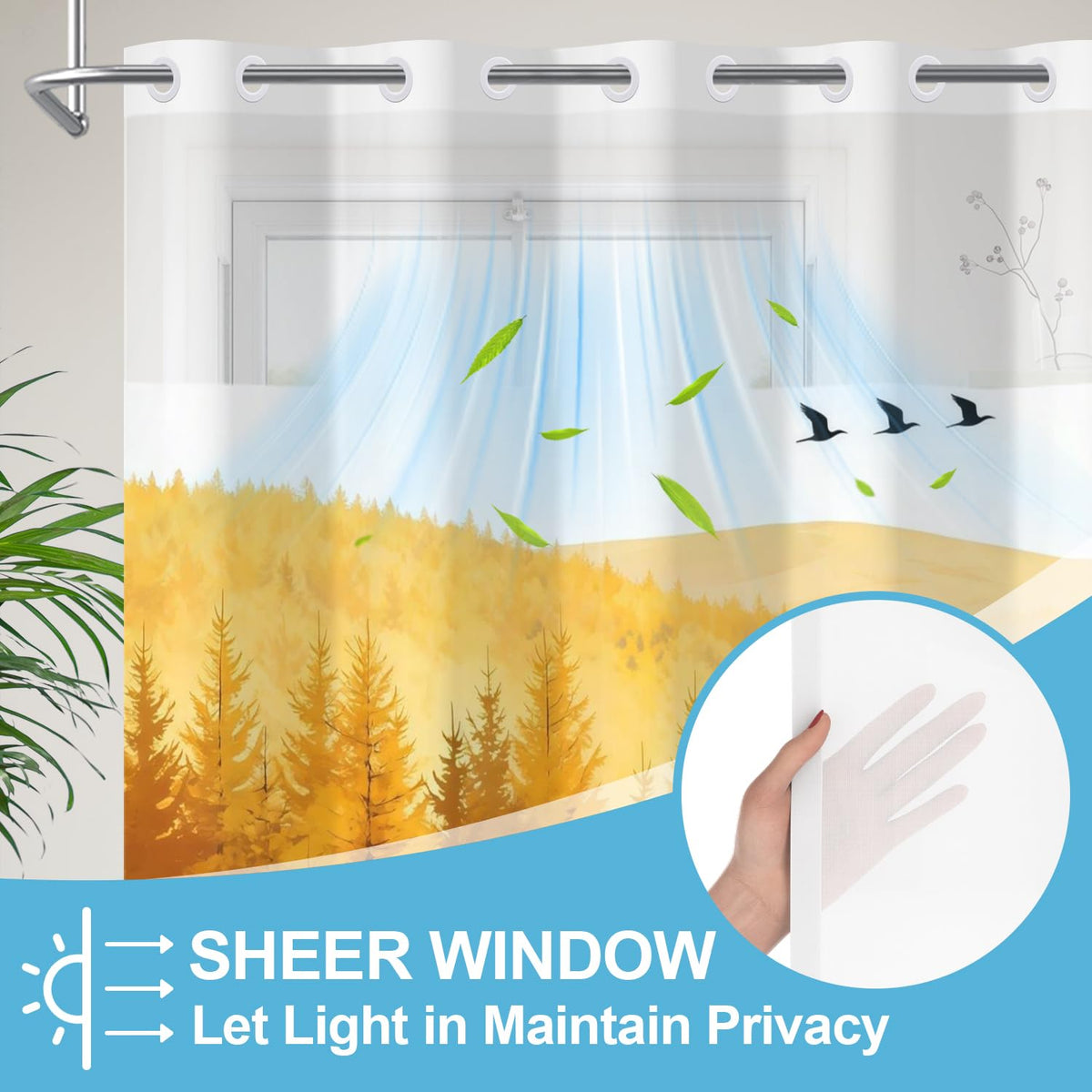 Fall Forest No Hook Shower Curtain and Liner Set Yellow Pine Trees Shower Curtains with Dandelion Field Minimalist Nature Scenery Bathroom Decor Waterproof 71x74 Inch (Dark Orange)