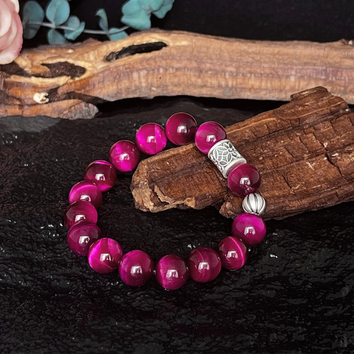Natural obsidian bracelet (Pink Tiger Eye + 925 Silver(12mm)-1 Pcs)