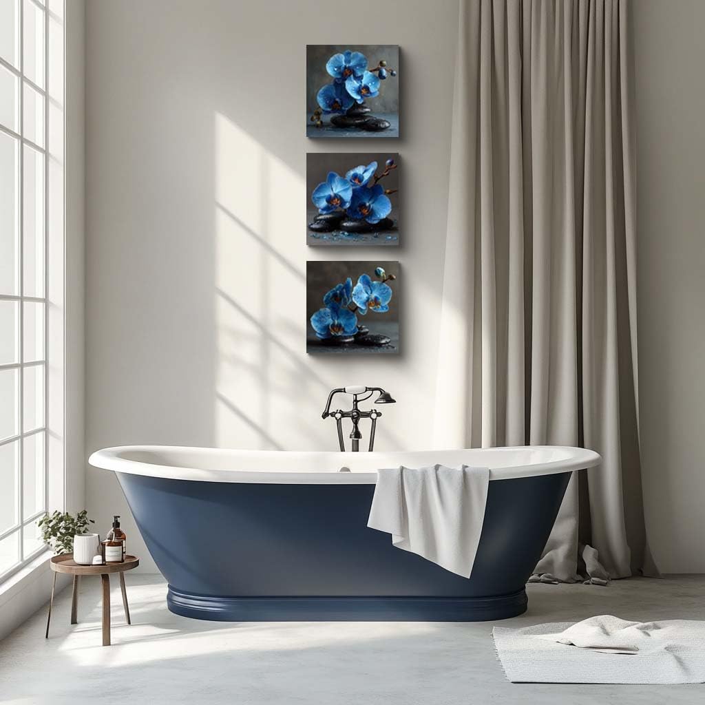 3PCS Blue Orchid Flower Wall Art Zen Spa Stones Canvas Print Water Droplets Floral Still Life Artwork Tranquil Botanical Modern Bathroom Bedroom Meditation Decor for Home Spa Office (14X14inchX3pcs / Blue Orchid)