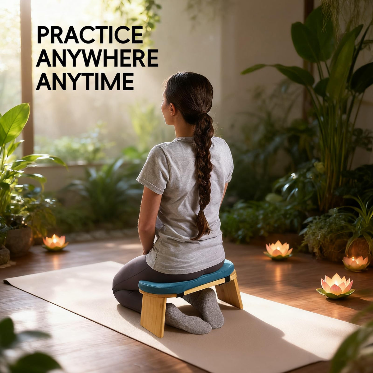 Natural Beech Wood Yoga Bench (Blue)