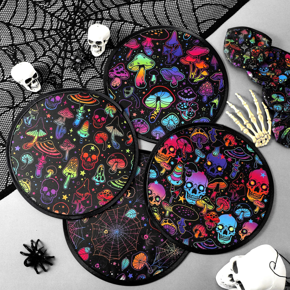 24 Pcs Mushrooms Skulls Foldable Flying Fan Disc Hand Fans 8 Style (Mushroom)