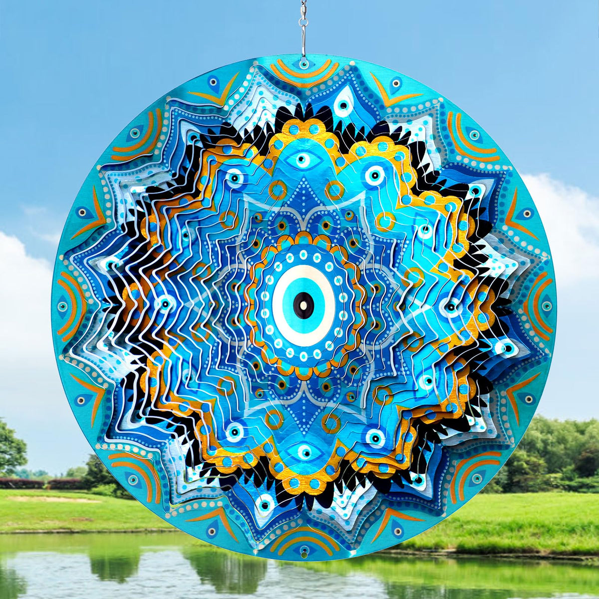 Wind Spinners Outdoor Mandala Peacock Evil Eye‌ (12in / 009-9blue)