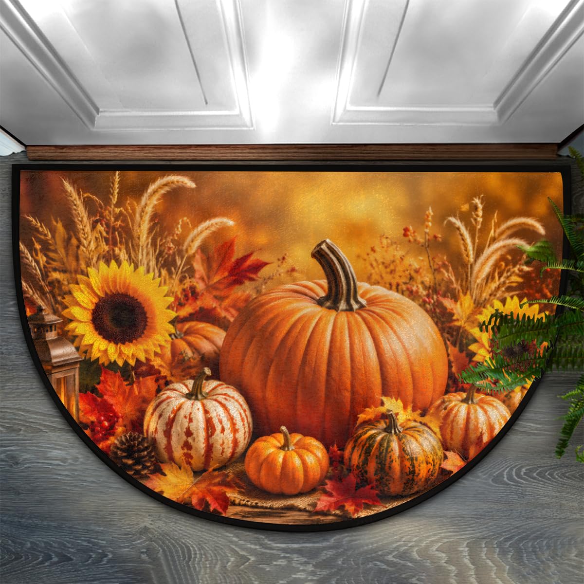 Pumpkin Half Round Door Mat Indoor Entrance Semi Circle Area Rugs (Z Pumpkin Autumn Fall Sunflower)