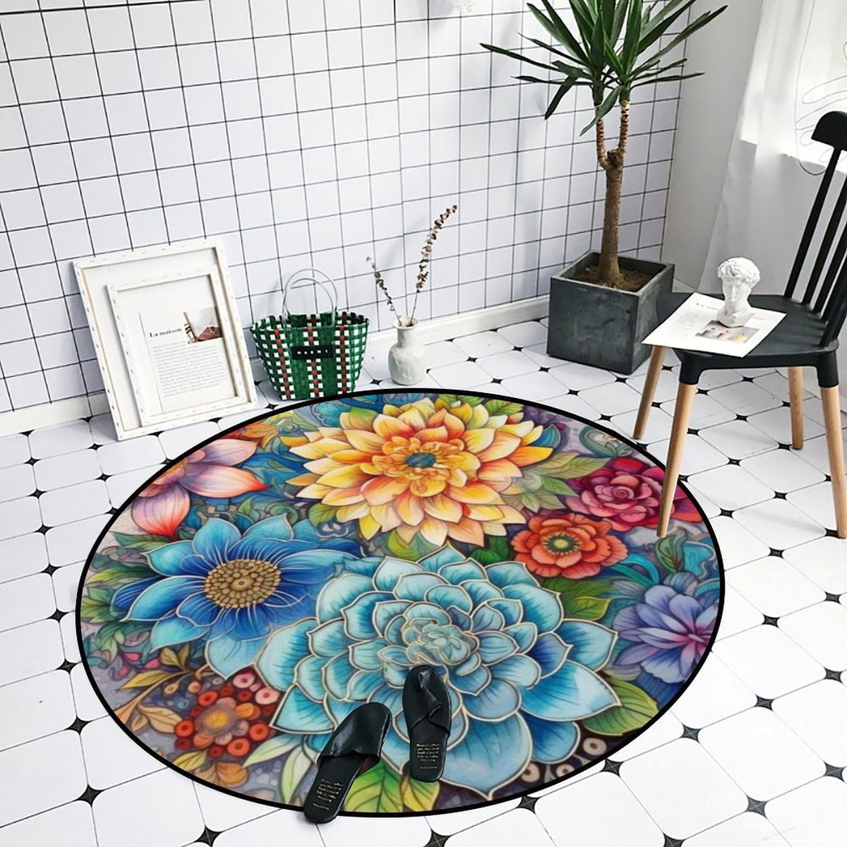 Round Area Rugs 2 FT Washable Non Slip Circle Rug (Blue Flowers / 2' (Round))