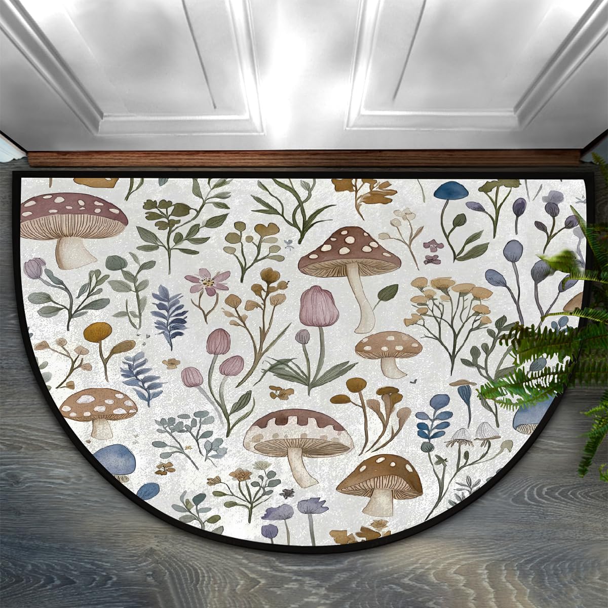 Mushroom Wildflowers Florals Half Round Door Mat Indoor Entrance Low Pile Non Slip Absorbent Semi Circle Welcome Mats Doormats 36x24 in Floor Mats for Home Kitchen (Mushroom Wildflowers Florals)