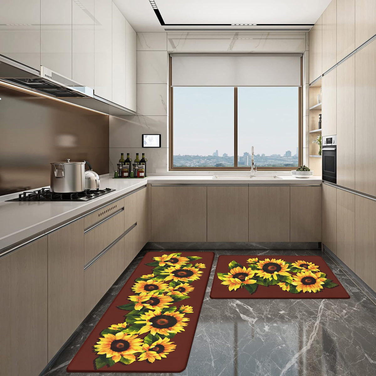 Anti Fatigue Kitchen Rugs Set of 2 (Sunflower-brown)