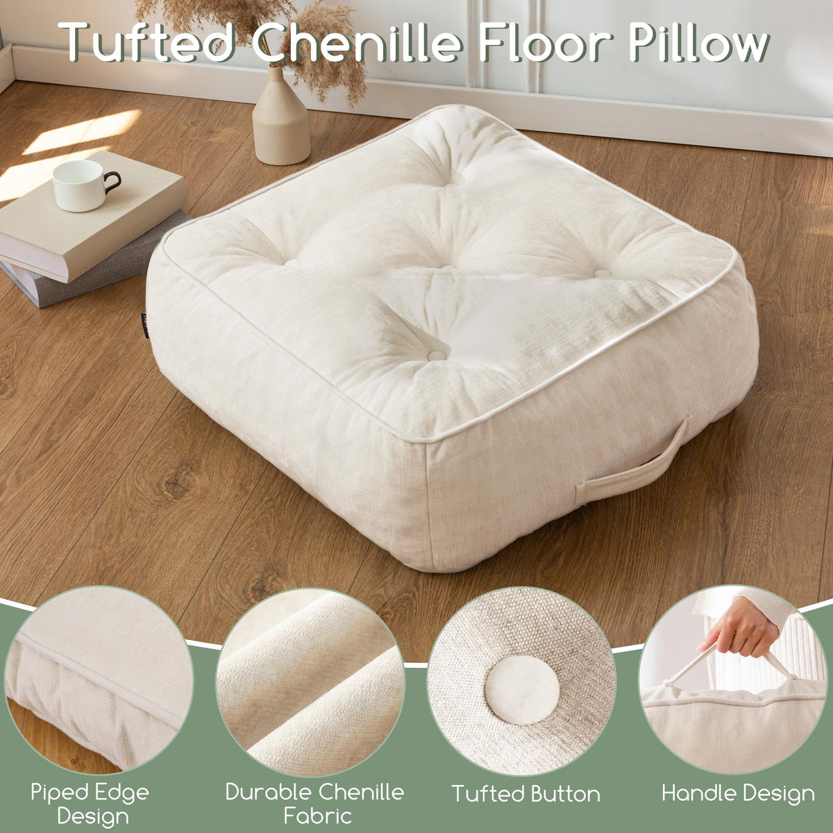 8" Extra Thick Floor Pillow Cushion for Adults (8" Thick(Pack of 1) / Square Beige)
