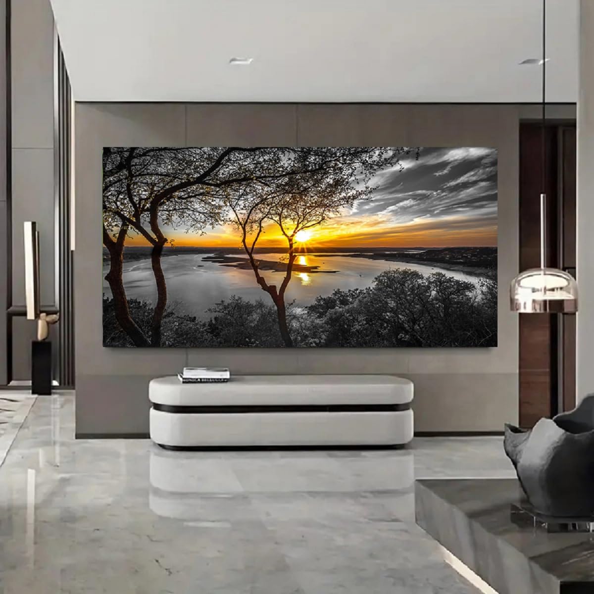 Large Wall Art Living Room Black and White Landscape Tree Canvas Wall Art Lake Print Art Forest Gold Sunset Poster Picture Natural Scenery Painting Bedroom Wall Decor Home Office Decorations (black white LS / 60"L x 30"W)