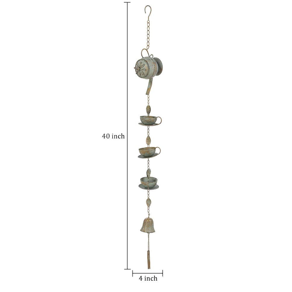 40" H Teapot & Cups Rain Chime with Bell Hanging (3.3 Ft Rain Chime)