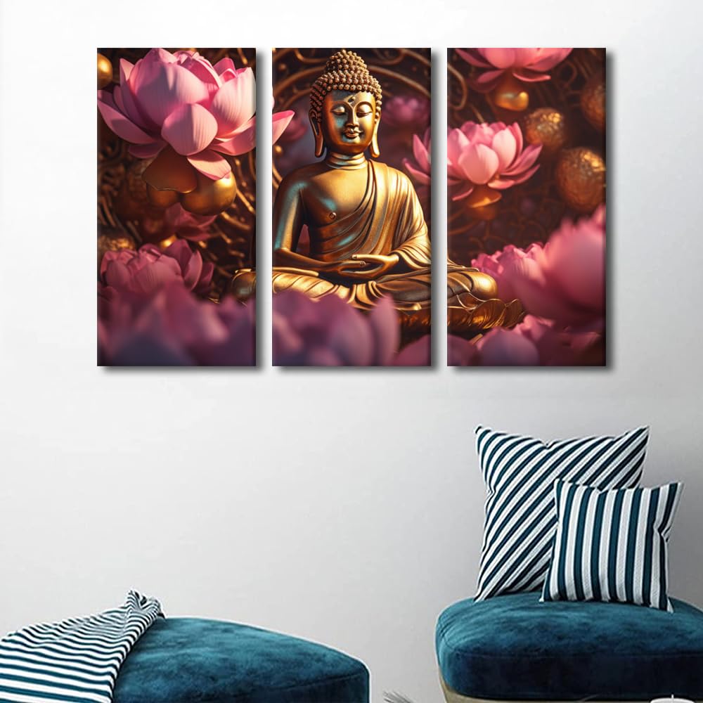 Buddha Statue Surrounded By Flowers Wall Art Decor for Entryway (60x40 in / 3PANEL-19)