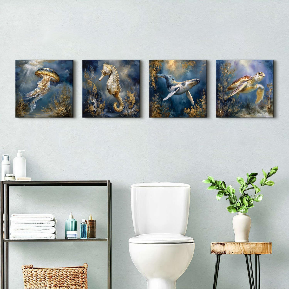 Ocean Animals Wall Art Sea Turtle Whale Seahorse Jellyfish Pictures Beach Coastal Room Decor Nautical Paintings Canvas Prints for Bathroom Under Sea World Posters Artwork Decoration 12x12” 4Pcs (12"L x 12"W / MarineLife)