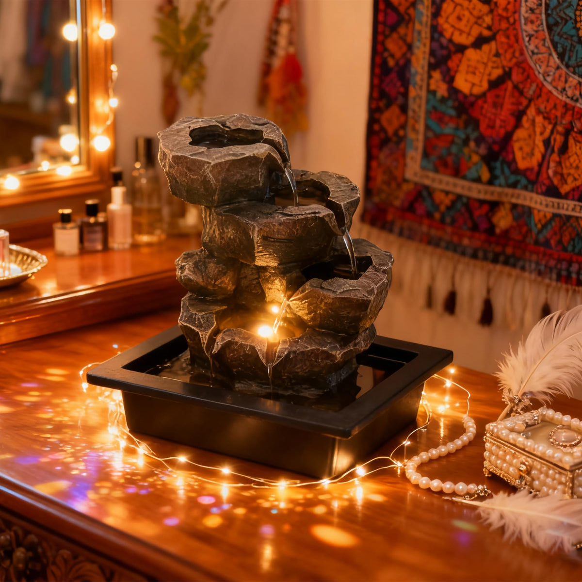 Indoor Tabletop Rock Waterfall Fountain with Warm Light & Stacked Stone for Home Office Desk Decor (Style 6)