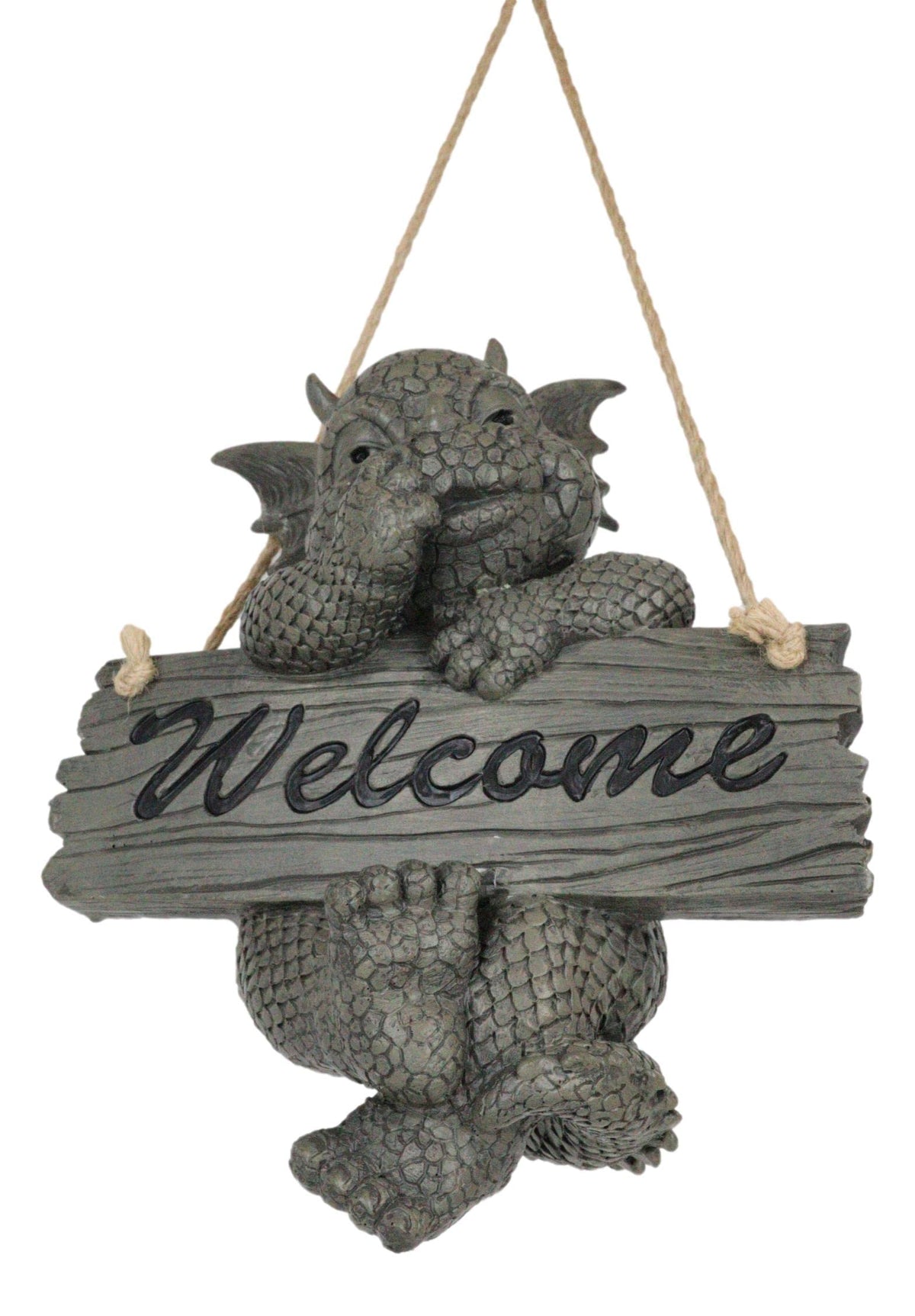 Ebros Whimsical Jute Strings Hanging Welcome Garden Dragon Picking Nose Statue Cute Wyrmling Figurine Dungeons and Dragons Mythical Fantasy Sculpture Guest Greeter Tree Branch Hanger Patio Decor (Rope Hanging Welcome Dragon)