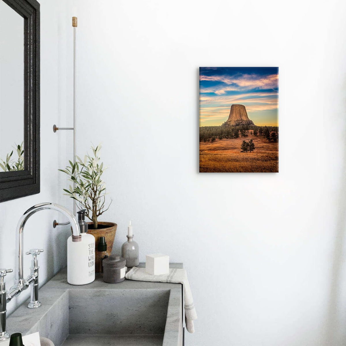 Sunset Mountain Canvas Wall Art Nature Devils Tower Landscape Wall Decor Wyoming National Park Posters National Monument Scenic Photo Prints Artwork for Living Room Bedroom Home Decoration 12x16" (16"L x 12"W / Devils Tower)