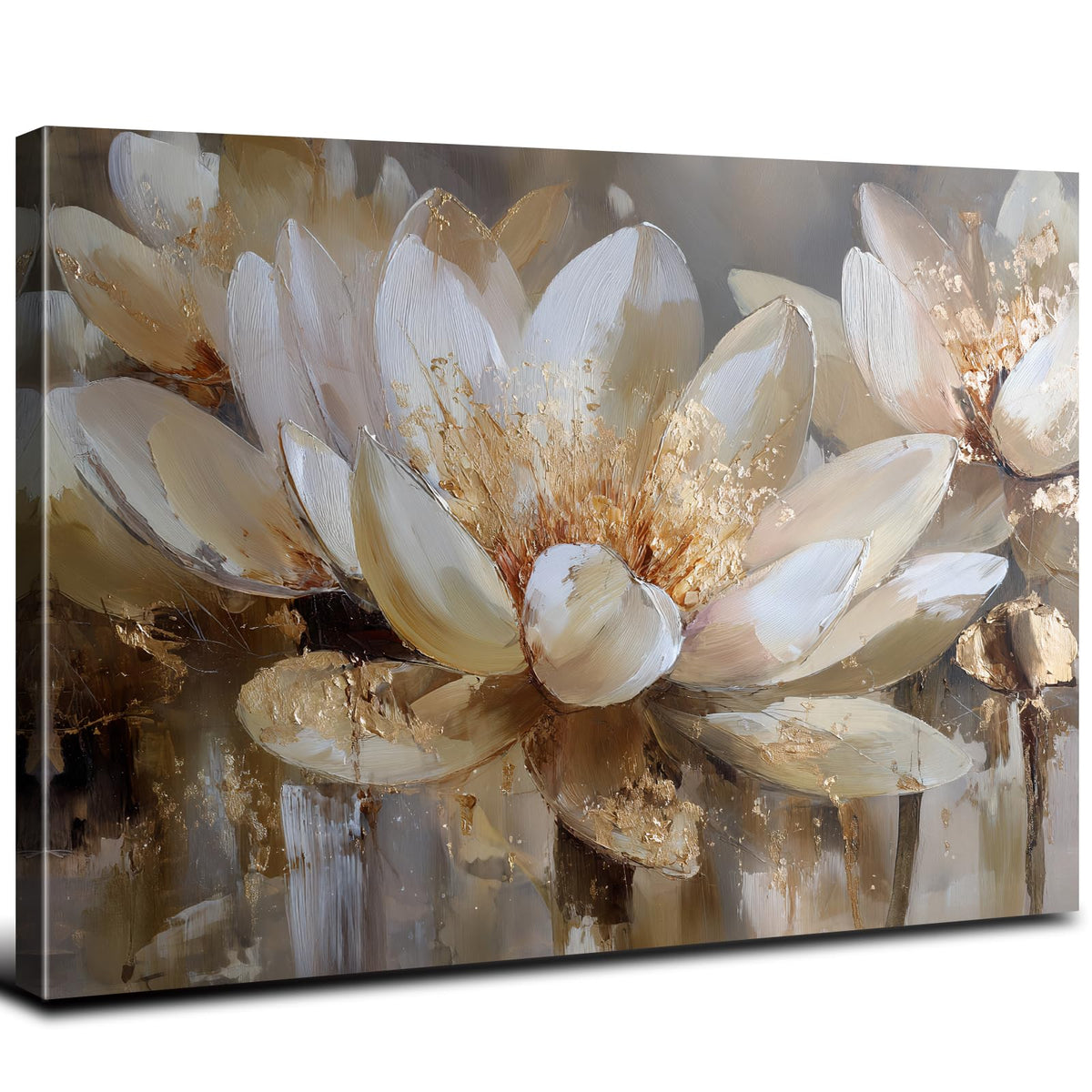 Lotus Flower Wall Art Abstract Floral Wall Decor Vintage White and Gold Flowers Canvas Wall Prints for Living Room Bedroom Zen Meditation Paintings Spa Yoga Posters Artwork Office Decoration 16x24" (24"L x 16"W / Lotus)