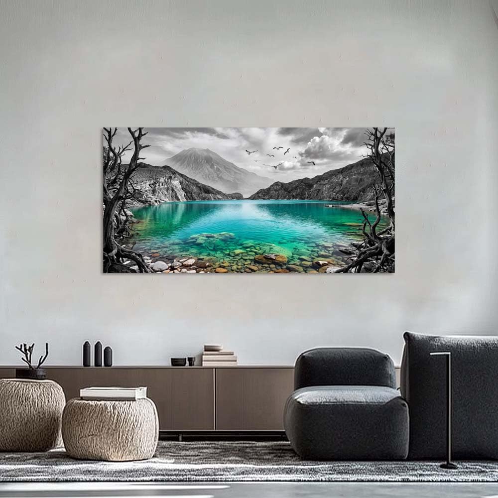 Black and White Mountain Canvas Wall Art Colorful Tropical Floral Lake Landscape Painting Flat Print Gallery Wrapped Artwork for Living Room Bedroom Bathroom Decor (Mysterious / Black Mountain Lake 19 / 46"L x 23"W)